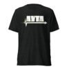 AYTA charcoal black colored t-shirt with company logo front view. Logo are the letters A Y T A over an arrow pointed to the right.