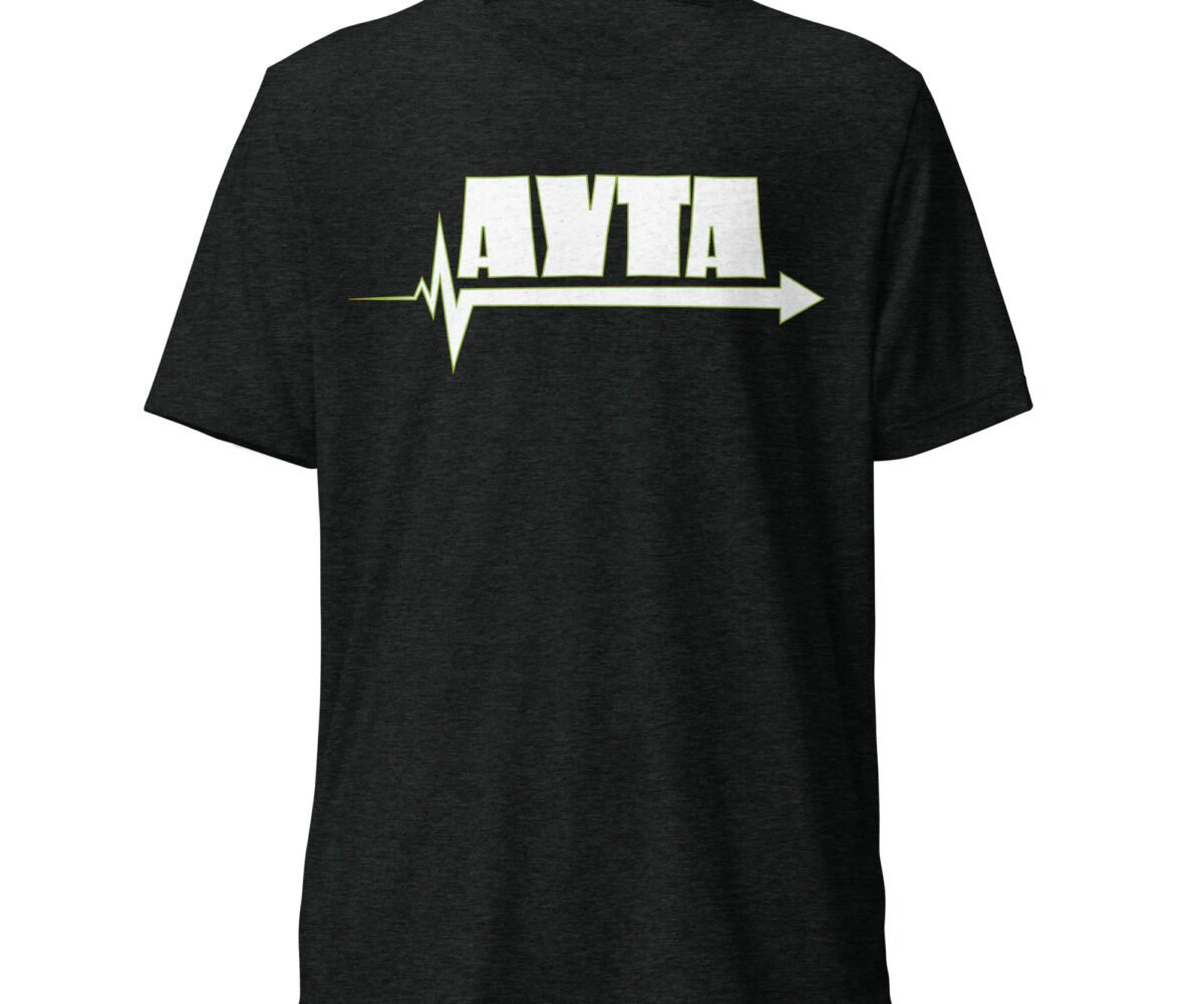 AYTA charcoal black colored t-shirt with company logo front view. Logo are the letters A Y T A over an arrow pointed to the right.