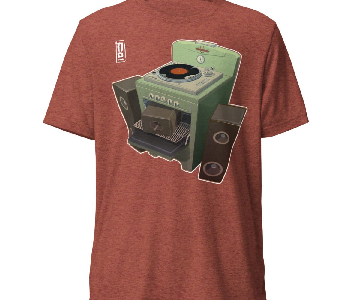 Oven Fresh Red clay colored t-shirt front view with design. Design is a turntable on a stovetop with two speakers on opposite side of the stove.