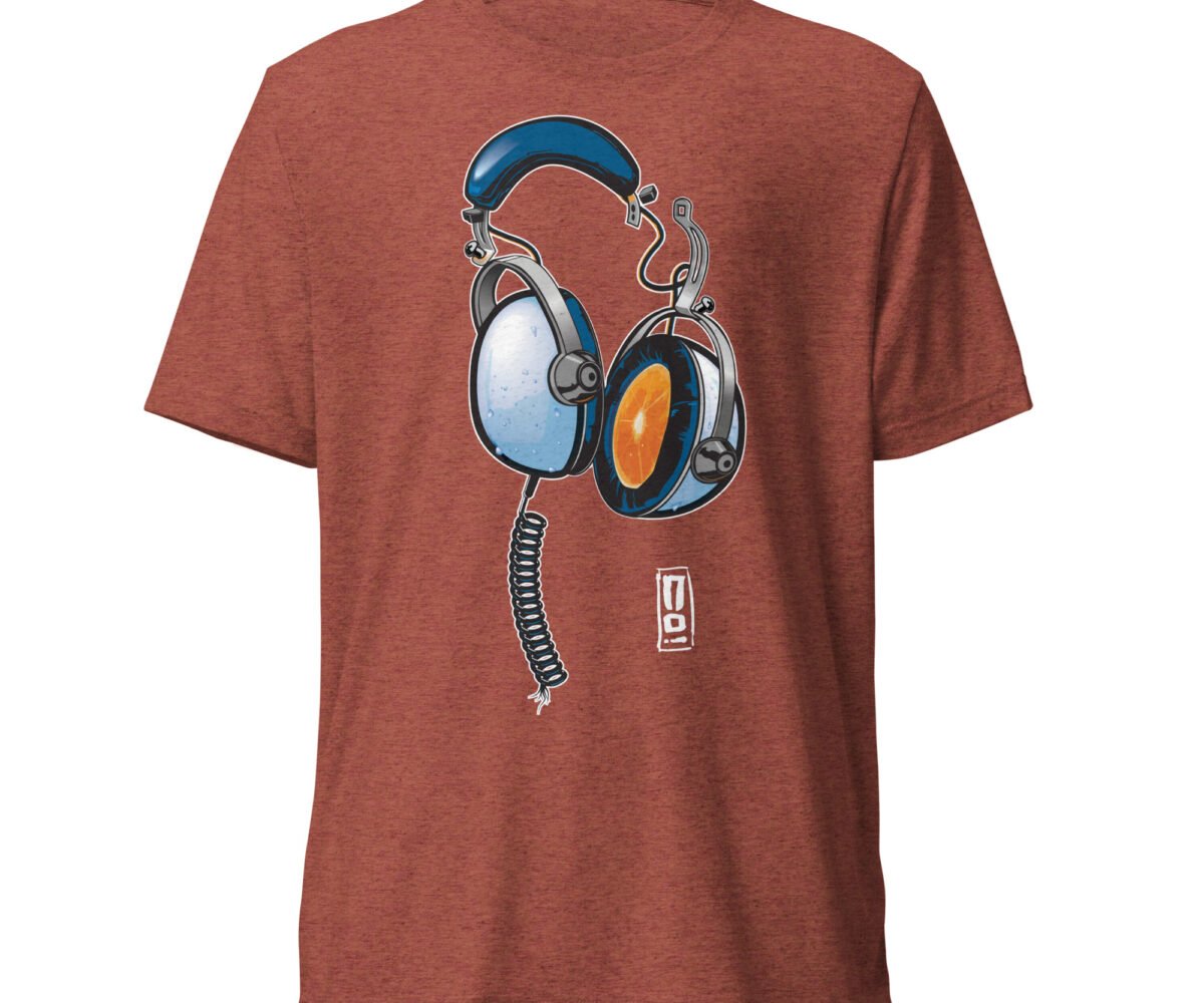 Juice red clay colored t-shirt front view with headphone design.