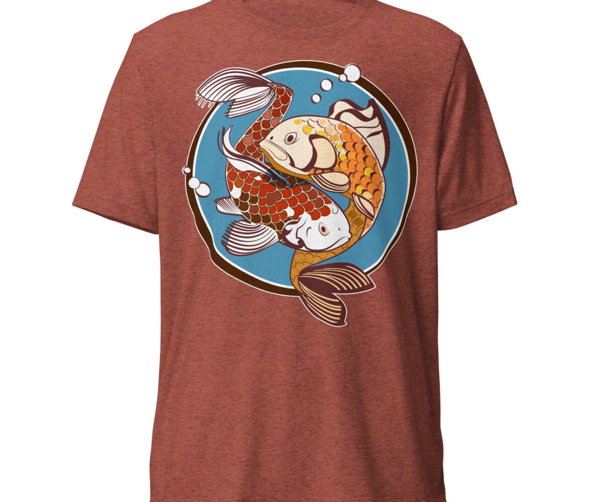 Pisces red clay colored t-shirt front view with koi fish design.