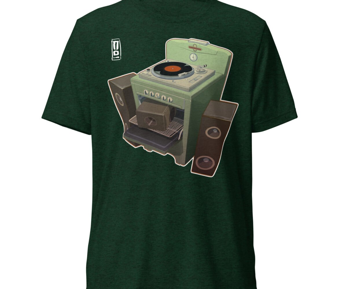 Oven Fresh Dark Green colored t-shirt front view with design. Design is a turntable on a stovetop with two speakers on opposite side of the stove.