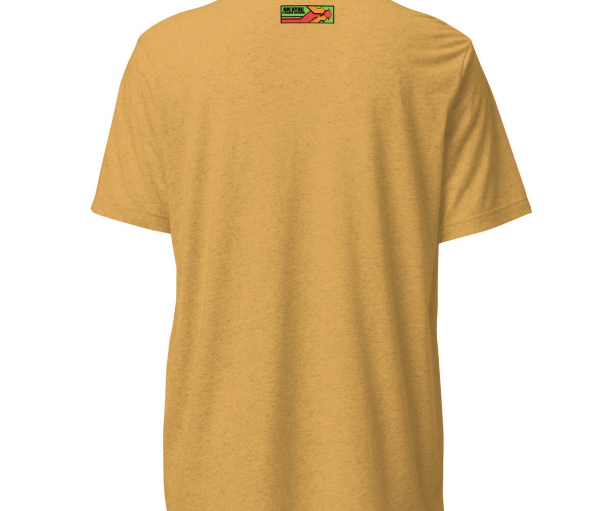 Juice mustard colored t-shirt back view with company logo near the top.