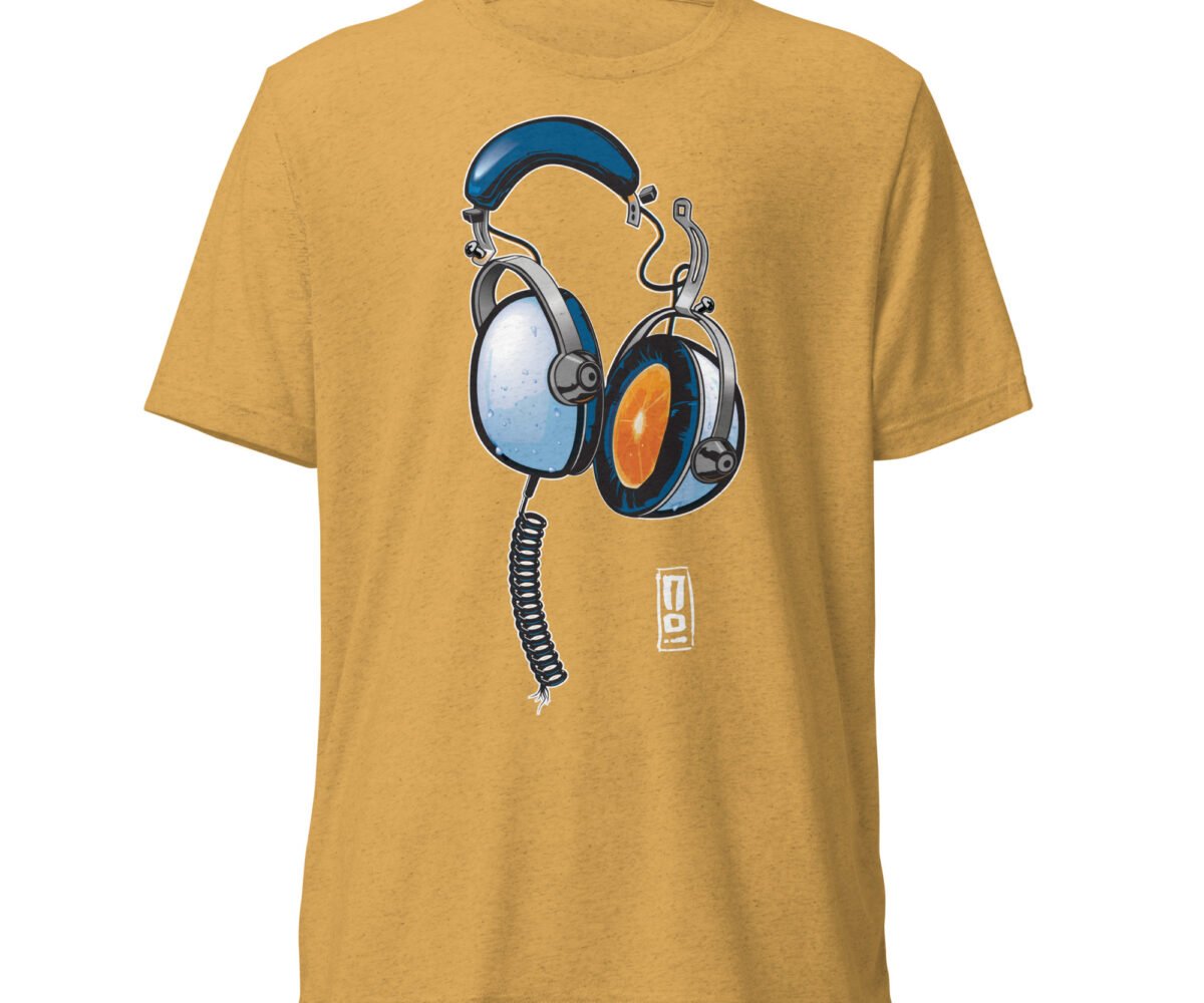 Juice mustard colored t-shirt front view with headphone design.