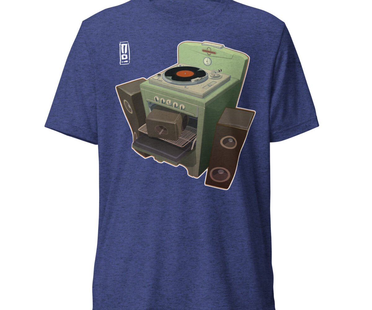 Oven Fresh Navy colored t-shirt front view with design. Design is a turntable on a stovetop with two speakers on opposite side of the stove.