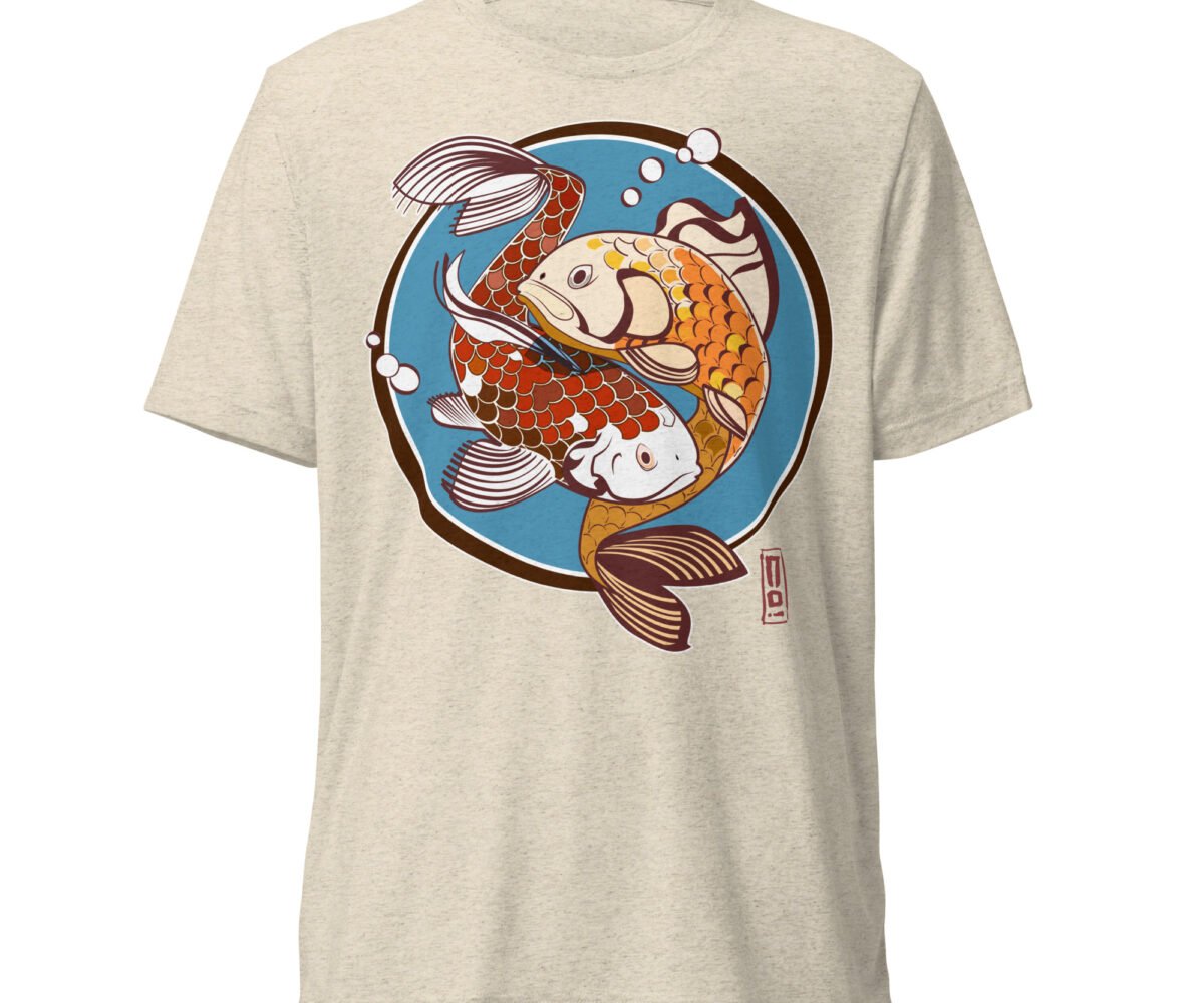 Pisces oatmeal colored t-shirt front view with koi fish design.