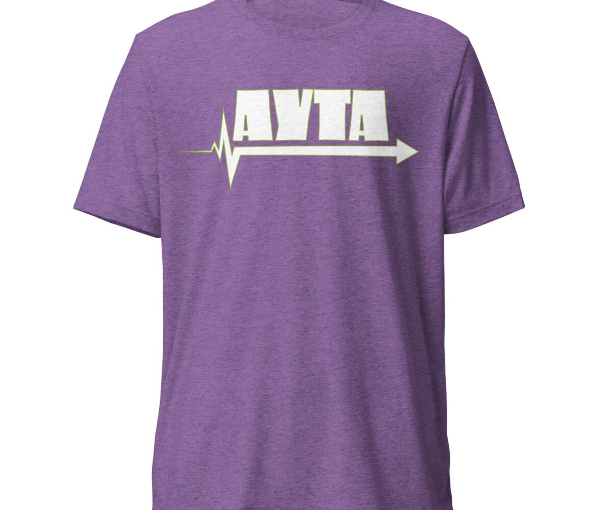 AYTA Purple colored t-shirt with company logo front view. Logo are the letters A Y T A over an arrow pointed to the right.