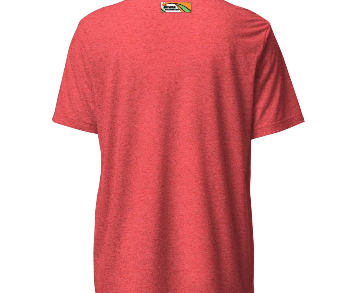 AYTA red colored t-shirt with small company logo near neckline rear view.