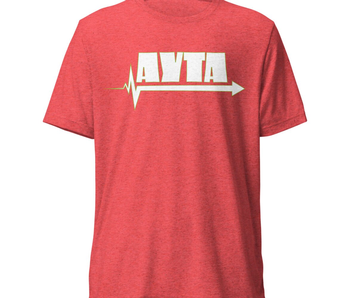 AYTA Red colored t-shirt with company logo front view. Logo are the letters A Y T A over an arrow pointed to the right.