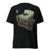 Black colored t-shirt front view with design. Design is a turntable on a stovetop with two speakers on opposite side of the stove.