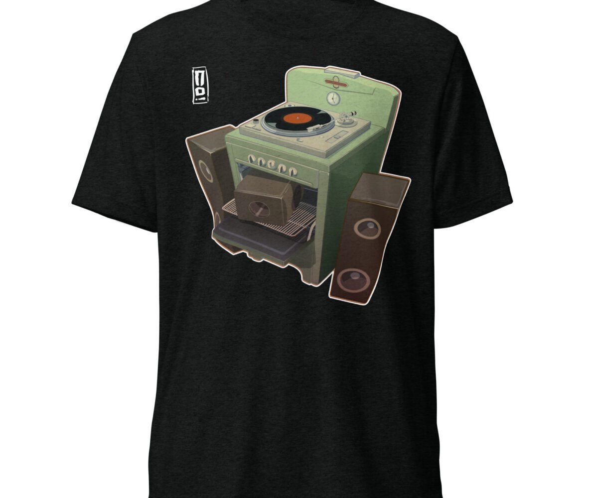 Black colored t-shirt front view with design. Design is a turntable on a stovetop with two speakers on opposite side of the stove.