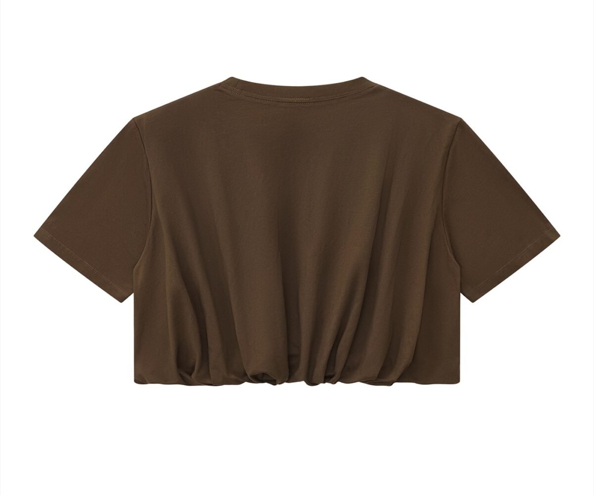 Women's Crop Bubble Hem T-shirt Brown Color Rear View