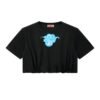 Women's Crop Bubble Hem T-shirt Black Color Rear View With Art Design