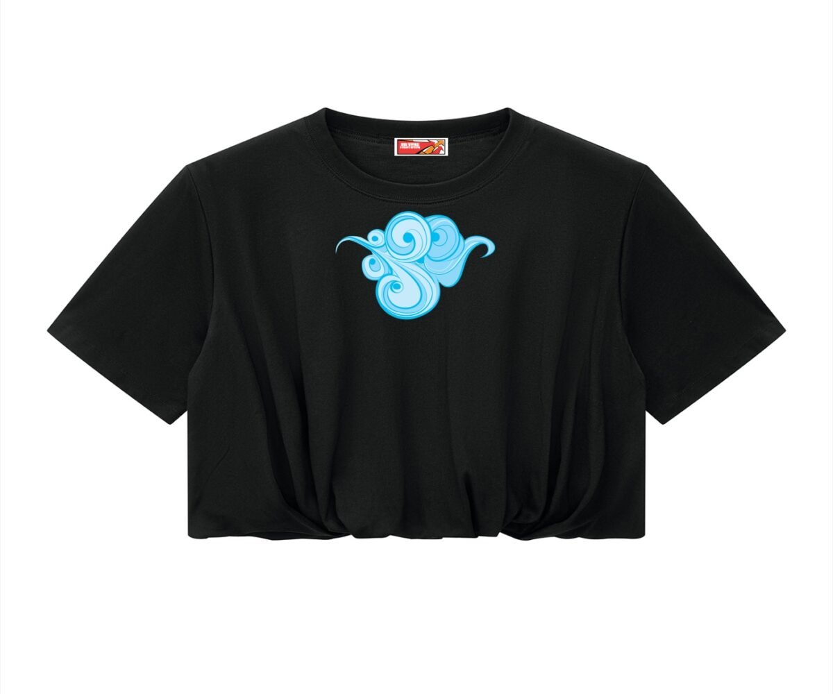 Women's Crop Bubble Hem T-shirt Black Color Rear View With Art Design