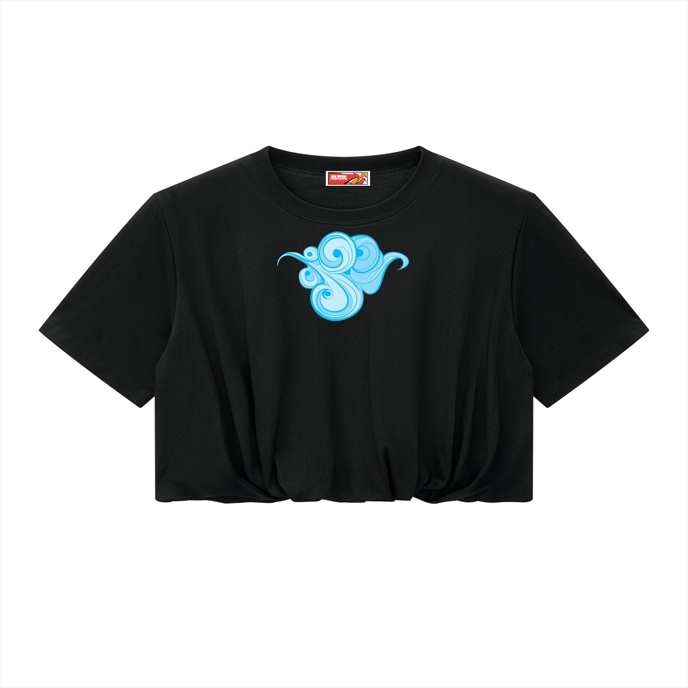 Women's Crop Bubble Hem T-shirt Black Color Rear View With Art Design