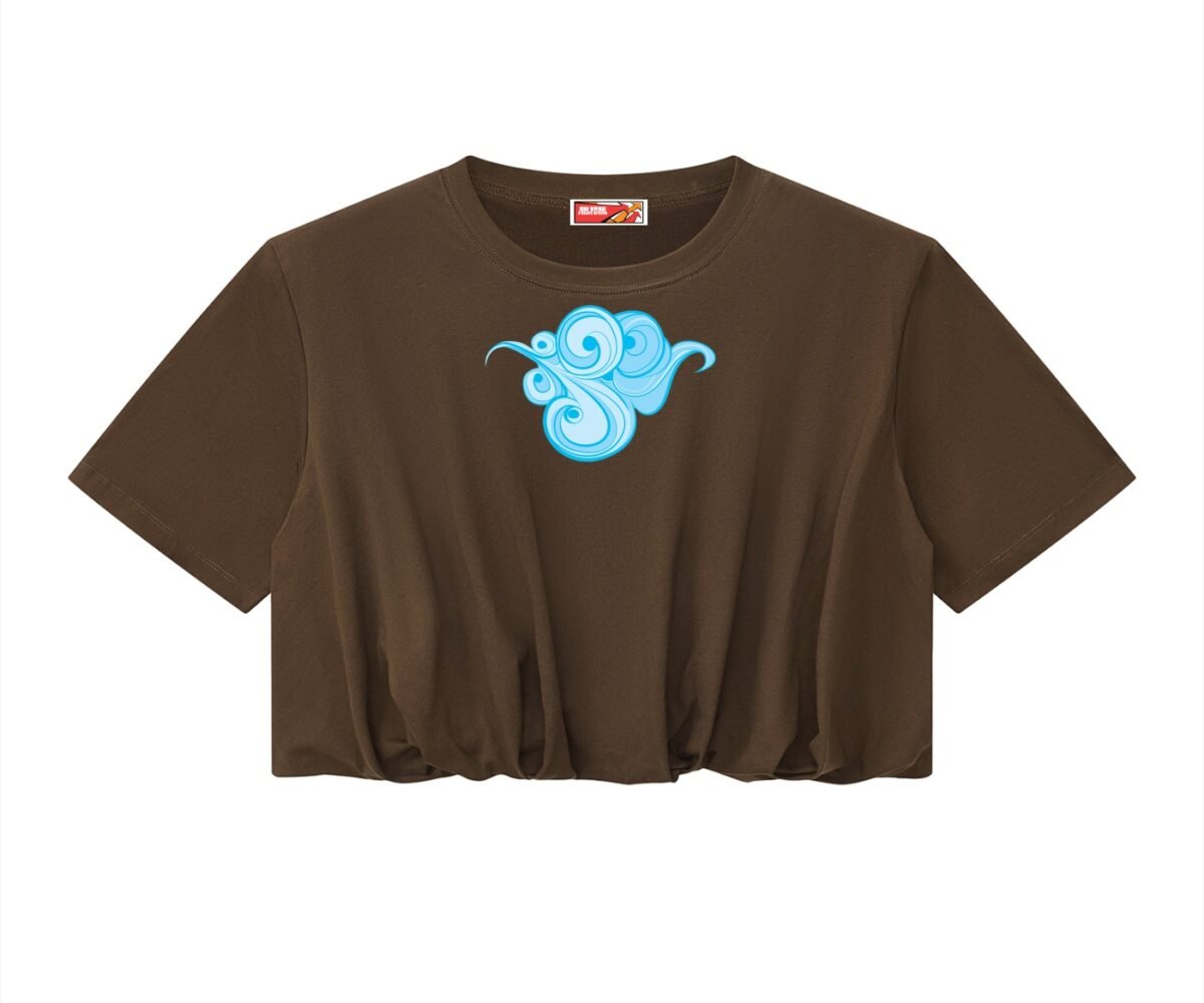Women's Crop Bubble Hem T-shirt Brown Color Front View With Art Design.