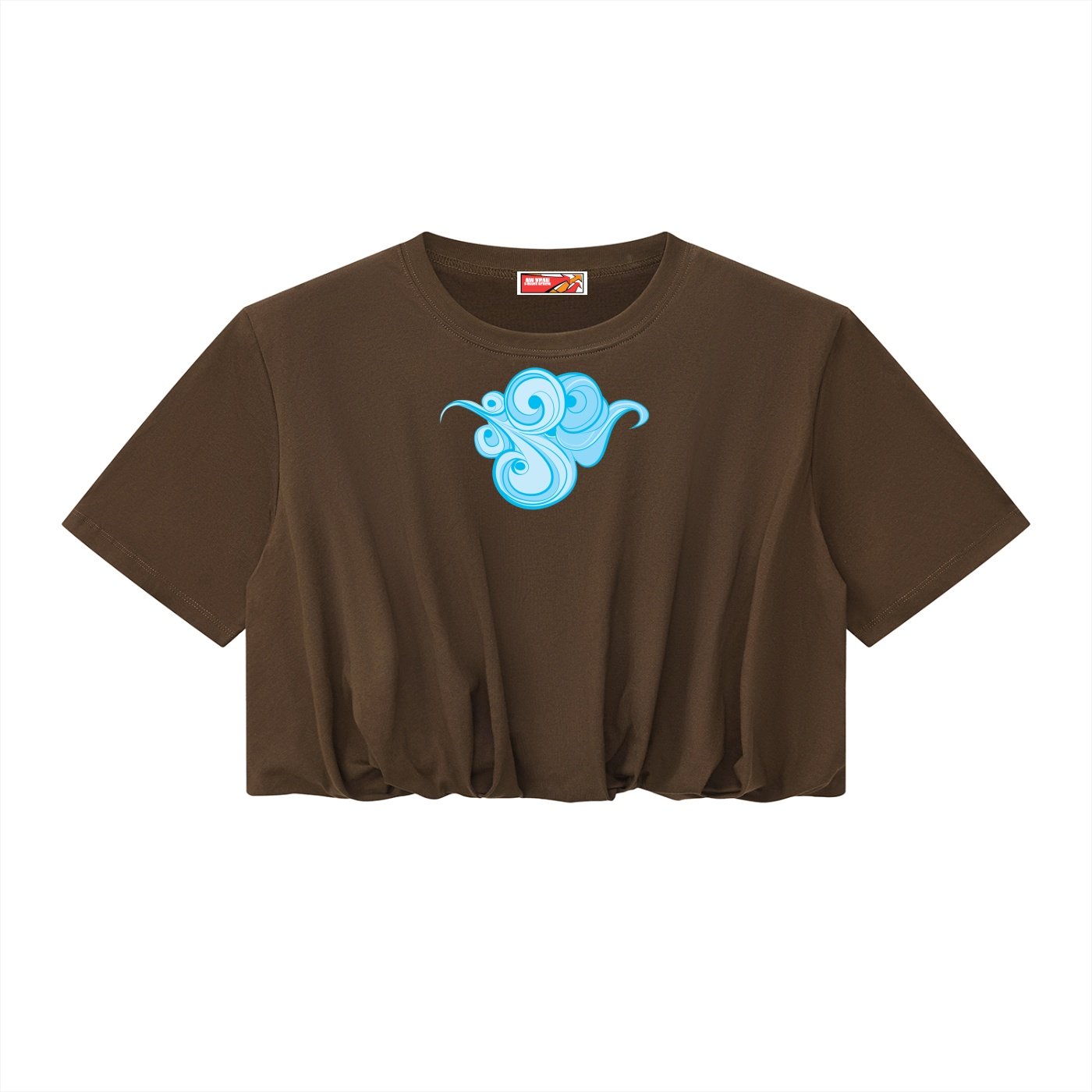 Women's Crop Bubble Hem T-shirt Brown Color Front View With Art Design.