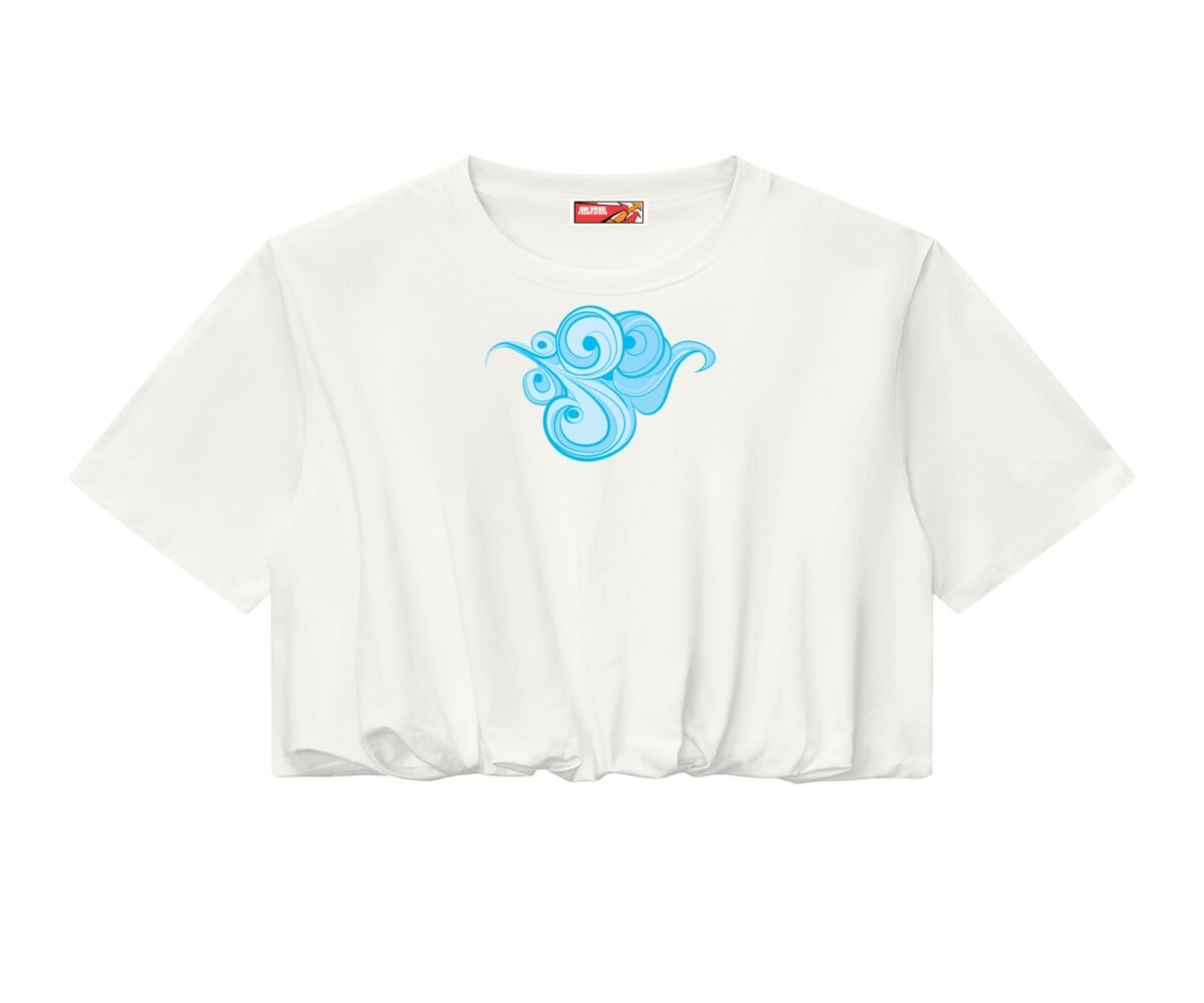 Women's Crop Bubble Hem T-shirt White Color Front View with Art Design