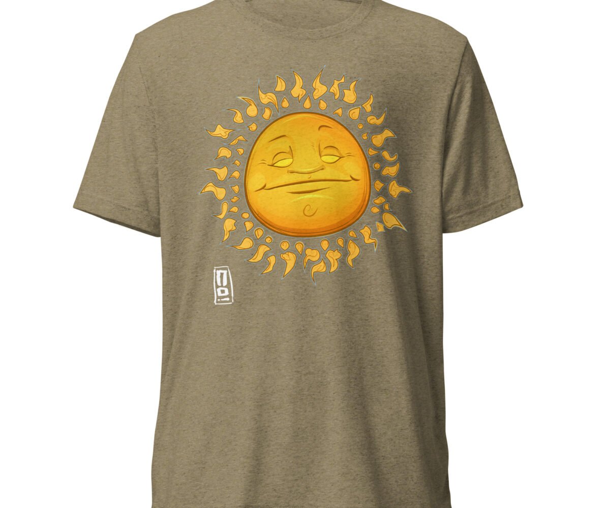 Little Sunshine Tri-blend T-Shirt Olive Color Front View With Smiling Sun Graphic