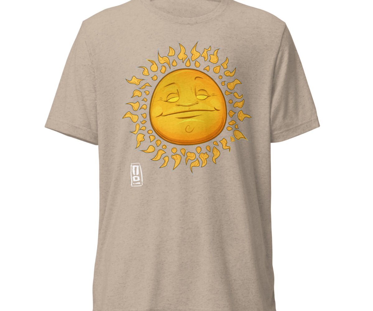 Little Sunshine Tri-blend T-Shirt Tan Color Front View With Smiling Sun Graphic
